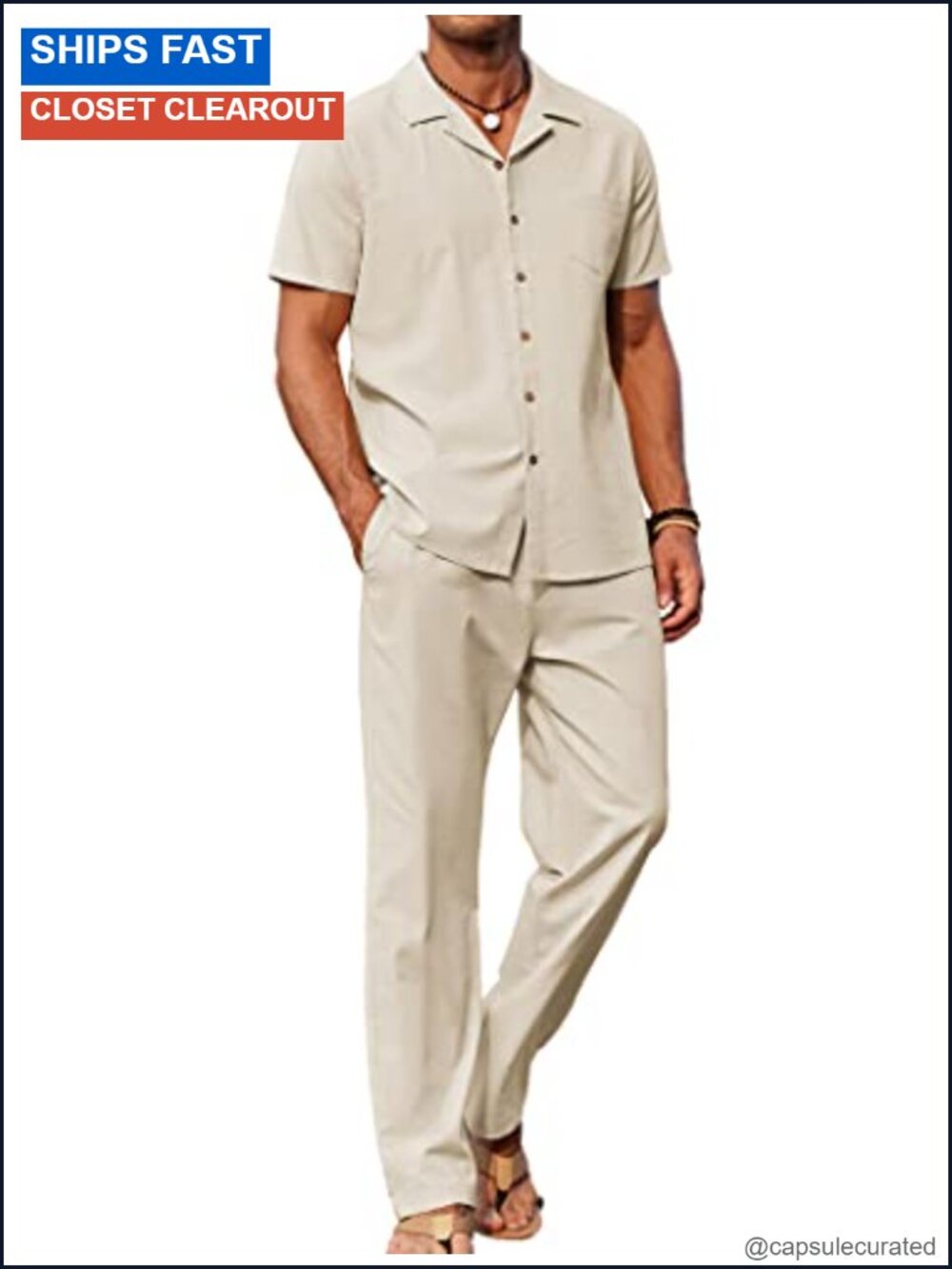 Men's 2 Piece Linen Set: Cuban Collar Button Down Shirt & Loose Pants